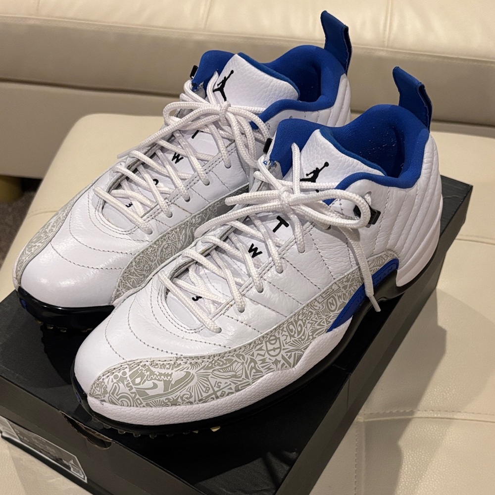 Jordan XII G White and Royal Blue Patterned Golf shoe